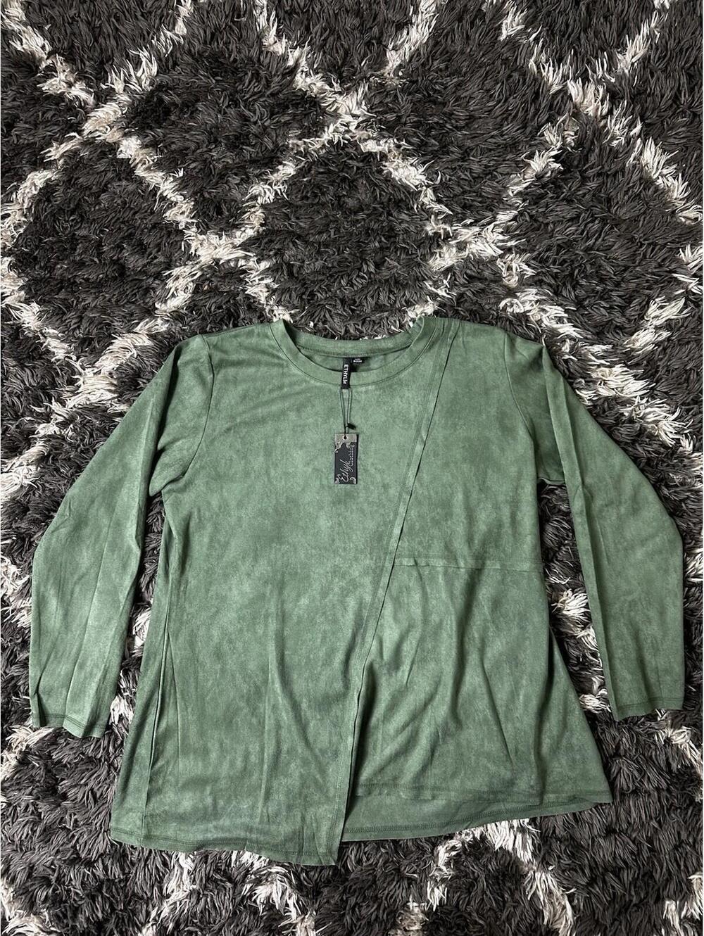 NWT Ethyl Faux Suede Long Sleeve Top Asymmetrical Neck Olive Green Women's XL